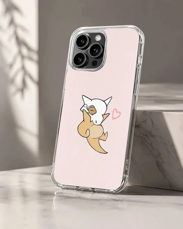 Cartoon artwork of Cubone on a soft pink background phone case