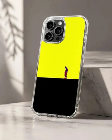 Bold yellow and black abstract design featuring a lone figure - phone case