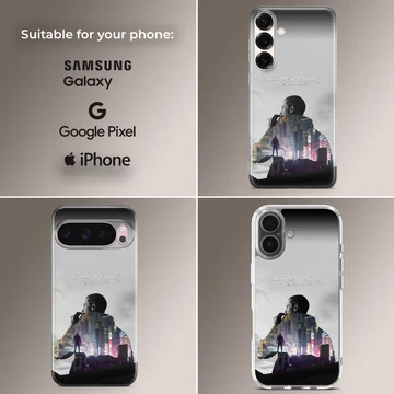 Dynamic cyberpunk cityscape illustration on phone case — Collage