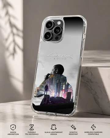 Dynamic cyberpunk cityscape illustration on phone case — Specs