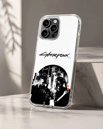 Dynamic cyberpunk illustration featuring contrasting black and white characters on a phone case
