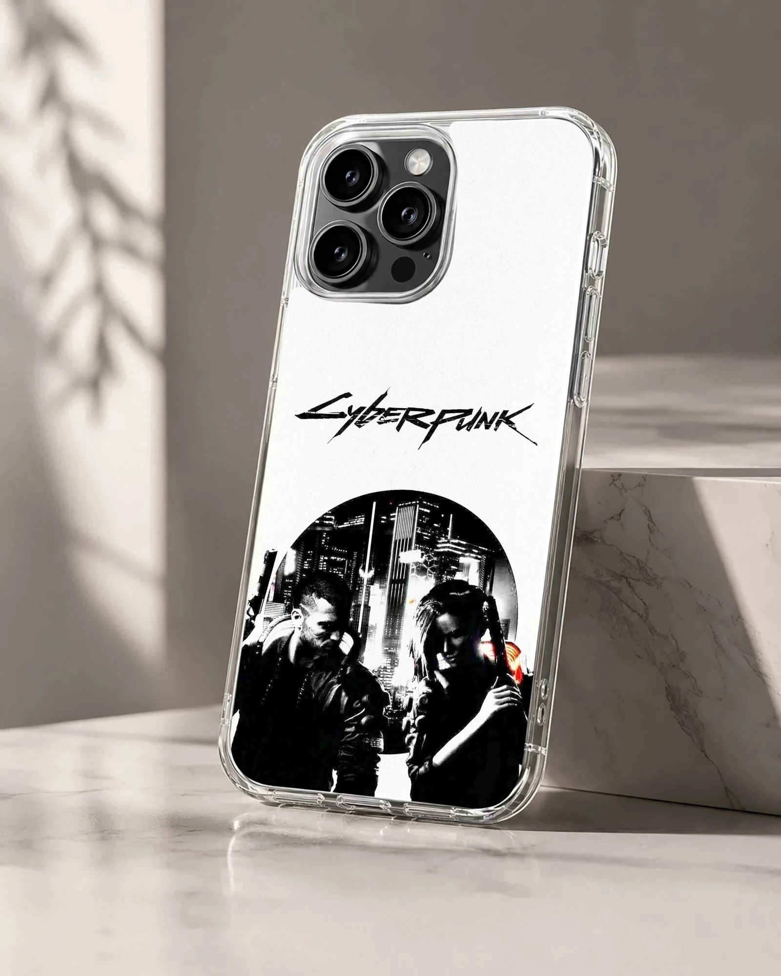 Dynamic cyberpunk illustration featuring contrasting black and white characters on a phone case