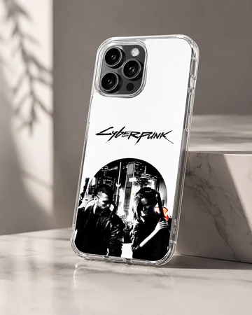 Dynamic cyberpunk illustration featuring contrasting black and white characters on a phone case — Hero