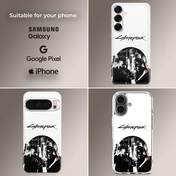 Dynamic cyberpunk illustration featuring contrasting black and white characters on a phone case — Collage