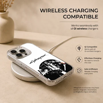 Dynamic cyberpunk illustration featuring contrasting black and white characters on a phone case — Charging