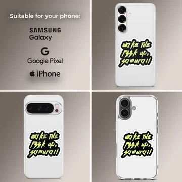 Bold typography with the phrase 'Wake The F*ck Up, Samurai!' on a cyberpunk phone case — Collage