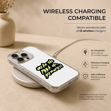 Bold typography with the phrase 'Wake The F*ck Up, Samurai!' on a cyberpunk phone case — Charging