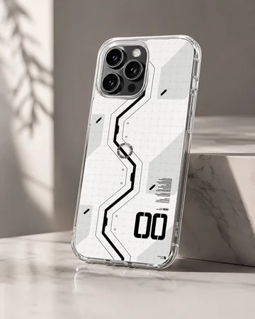 Futuristic digital design in black and white on a phone case — Hero