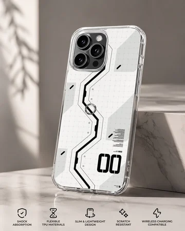 Futuristic digital design in black and white on a phone case — Specs