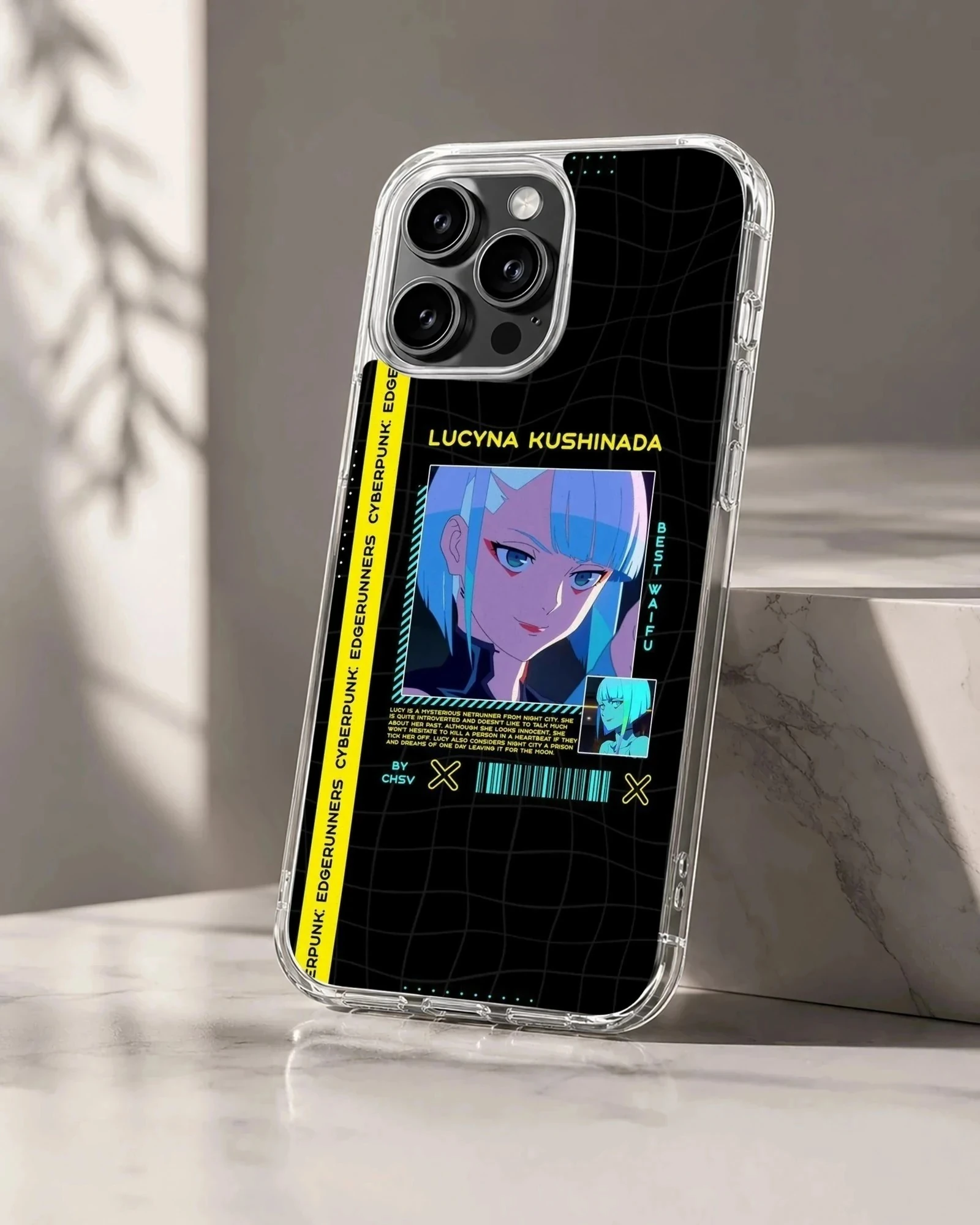 Edgy digital illustration of a cyberpunk character on a phone case