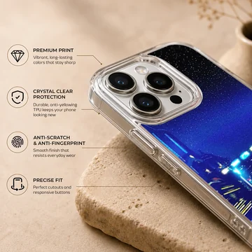 Futuristic urban scene with bright colors on a phone case — Info
