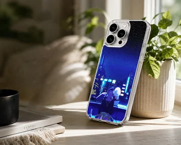 Futuristic urban scene with bright colors on a phone case — Lifestyle