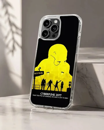 Bold cyberpunk art featuring yellow graphic and urban silhouette on phone case