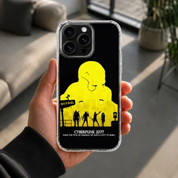 Bold cyberpunk art featuring yellow graphic and urban silhouette on phone case — Lifestyle