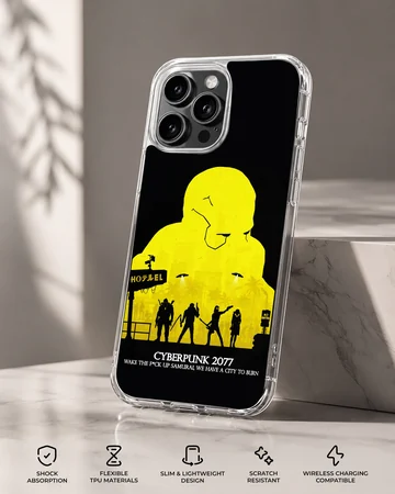 Bold cyberpunk art featuring yellow graphic and urban silhouette on phone case — Specs
