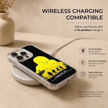 Bold cyberpunk art featuring yellow graphic and urban silhouette on phone case — Charging