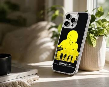 Bold cyberpunk art featuring yellow graphic and urban silhouette on phone case — Lifestyle