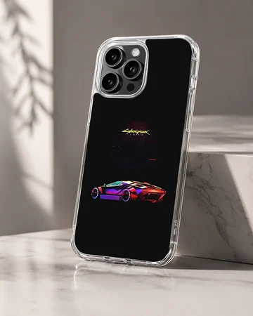 Dynamic cyberpunk car design on a black background phone case — Hero