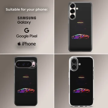 Dynamic cyberpunk car design on a black background phone case — Collage