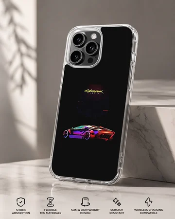 Dynamic cyberpunk car design on a black background phone case — Specs