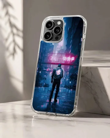 Edgy cyberpunk design featuring a figure in neon-lit urban setting phone case