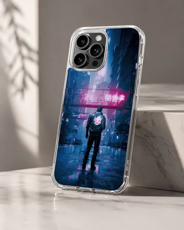 Edgy cyberpunk design featuring a figure in neon-lit urban setting phone case — Hero