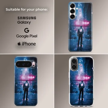 Edgy cyberpunk design featuring a figure in neon-lit urban setting phone case — Collage
