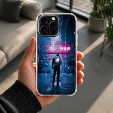 Edgy cyberpunk design featuring a figure in neon-lit urban setting phone case — Lifestyle