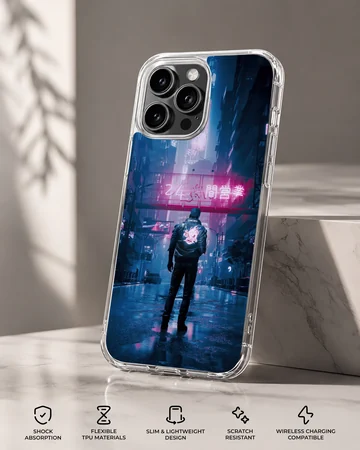 Edgy cyberpunk design featuring a figure in neon-lit urban setting phone case — Specs