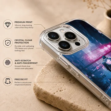 Edgy cyberpunk design featuring a figure in neon-lit urban setting phone case — Info