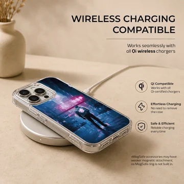 Edgy cyberpunk design featuring a figure in neon-lit urban setting phone case — Charging