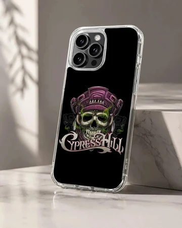 Cypress Hill phone case featuring a vibrant skull design on a black background