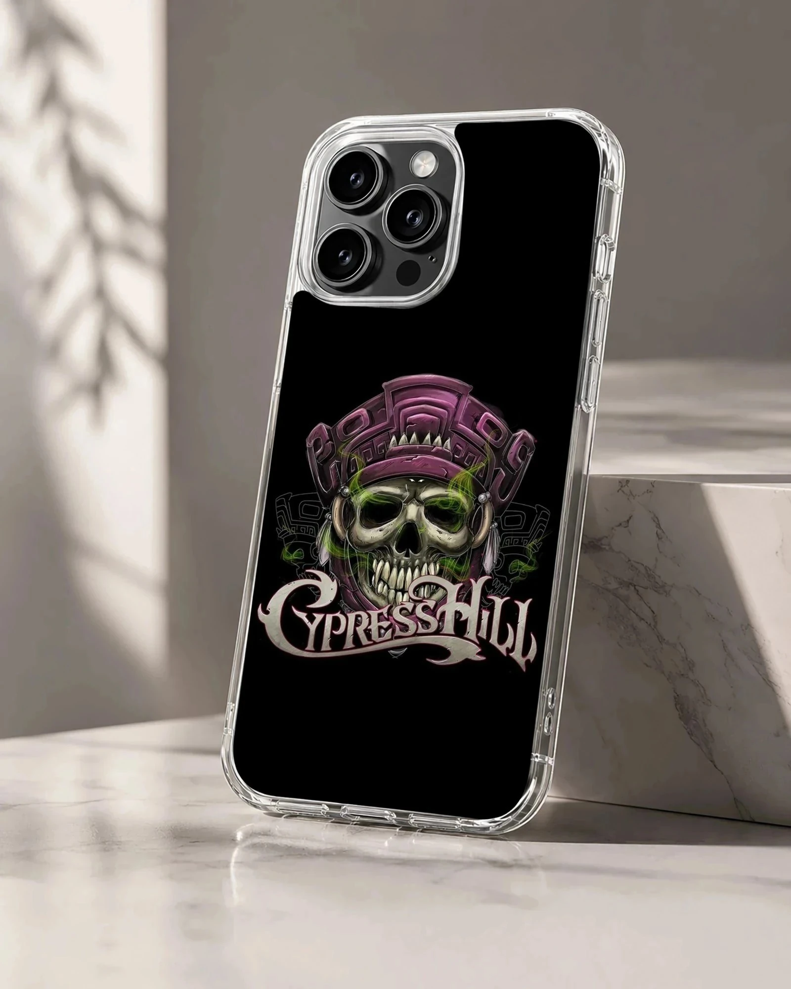 Cypress Hill phone case featuring a vibrant skull design on a black background