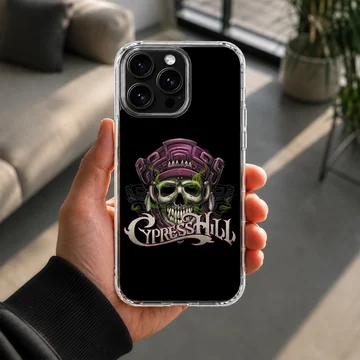 Cypress Hill phone case featuring a vibrant skull design on a black background — Lifestyle