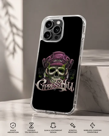 Cypress Hill phone case featuring a vibrant skull design on a black background — Specs