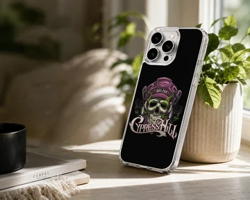 Cypress Hill phone case featuring a vibrant skull design on a black background — Lifestyle
