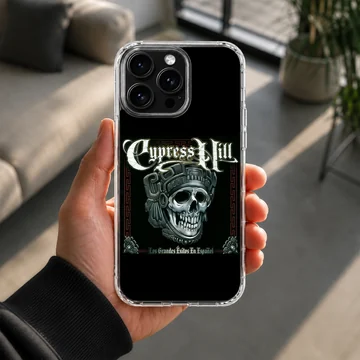 Cypress Hill skull artwork on a black phone case — Lifestyle
