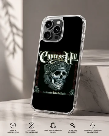 Cypress Hill skull artwork on a black phone case — Specs