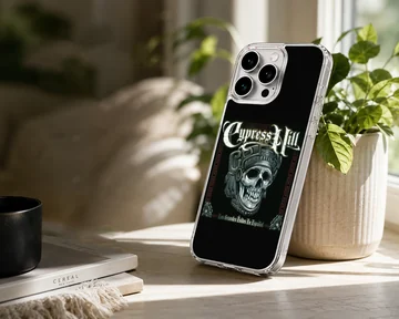 Cypress Hill skull artwork on a black phone case — Lifestyle