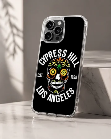 Bold skull design with floral accents on black phone case — Hero