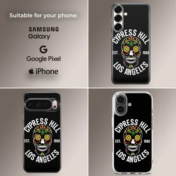 Bold skull design with floral accents on black phone case — Collage