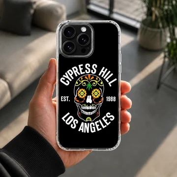Bold skull design with floral accents on black phone case — Lifestyle