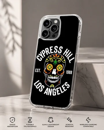 Bold skull design with floral accents on black phone case — Specs