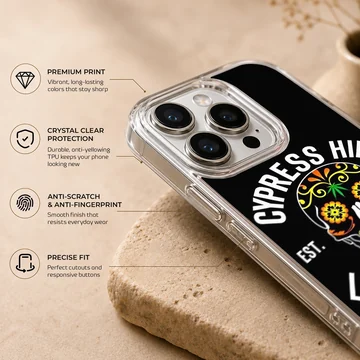 Bold skull design with floral accents on black phone case — Info