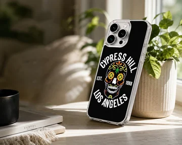 Bold skull design with floral accents on black phone case — Lifestyle