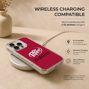 DrPepper Addict humorous quote phone case in red and white. — Charging