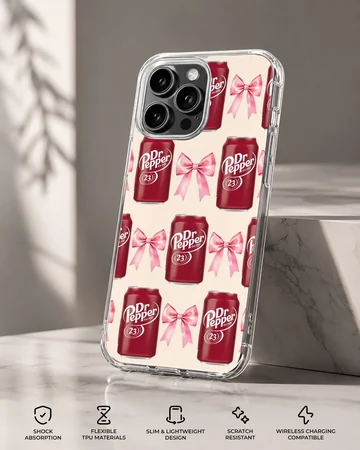 DrPepper cans with pink bows pattern on phone case — Specs