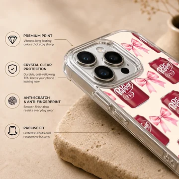 DrPepper cans with pink bows pattern on phone case — Info