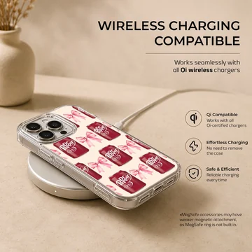 DrPepper cans with pink bows pattern on phone case — Charging