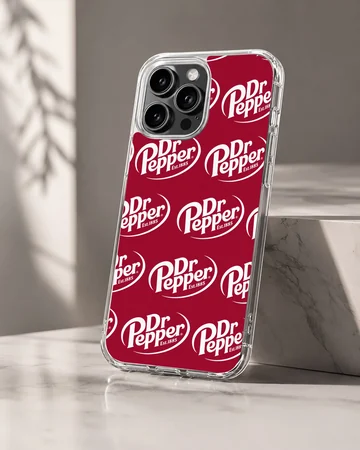 Phone case with bold DrPepper logo pattern in red and white — Hero